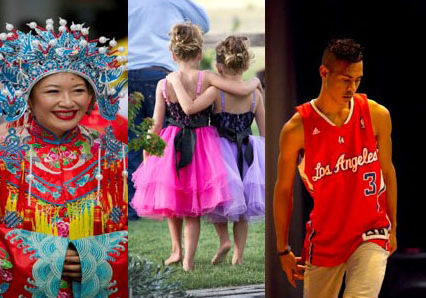 diverse small business clients Chinese woman, girls in party dress, Indigenous dancer